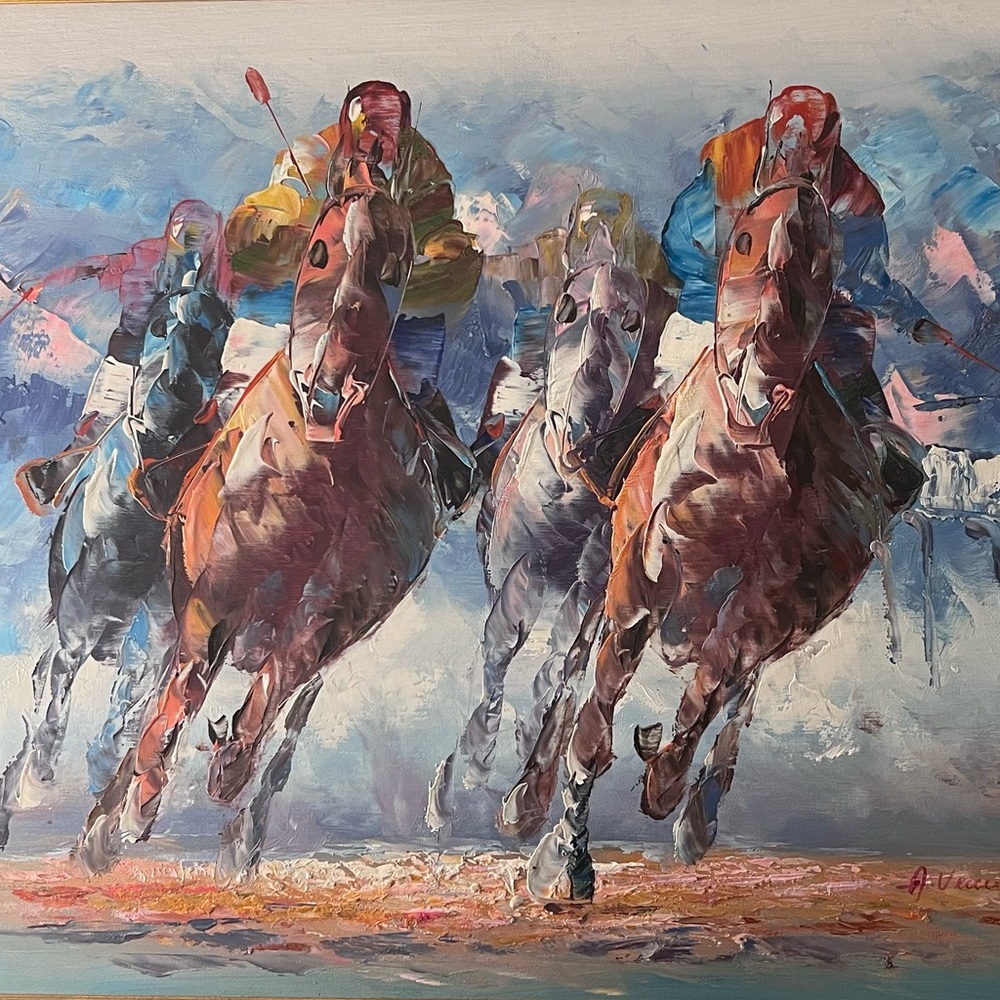 ANTHONY VECCHIO HORSE RACING OIL ON CANVAS - Picture 4 of 8